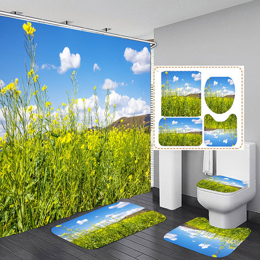 3D Green Landscape Shower Curtain Set Bathroom Rug Bath Mat Non-Slip Toilet Lid Cover-Shower Curtains-B-Shower Curtain+3Pcs Mat-Free Shipping at meselling99