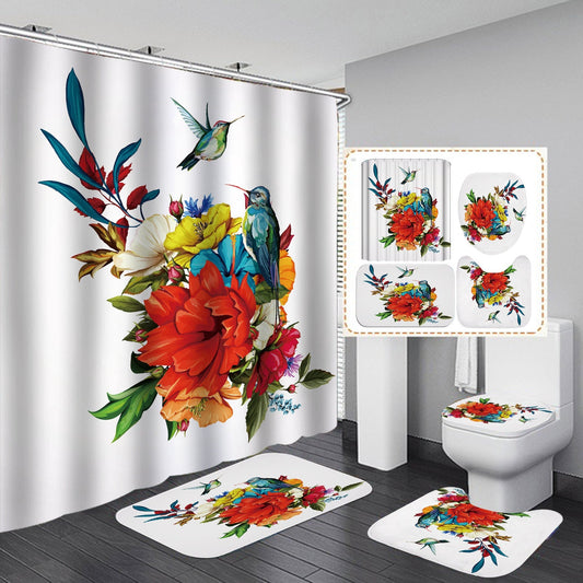 Birds and Flower Print Shower Curtain Sets with Rug-Shower Curtain+3Pcs Mat-Free Shipping at meselling99