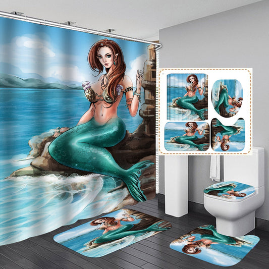 Cartoon Mermaid Design Shower Curtain Bathroom SetsNon-Slip Toilet Lid Cover-Shower Curtain-180×180cm Shower Curtain Only-2-Free Shipping at meselling99