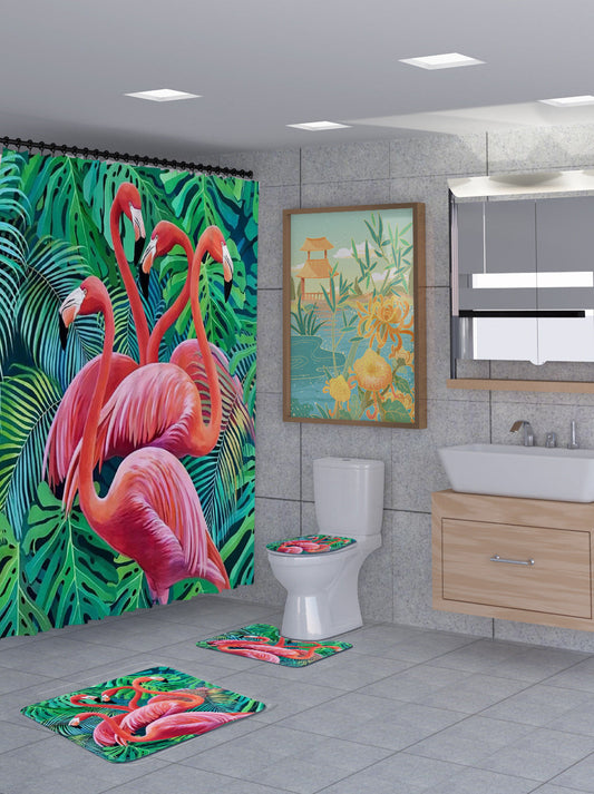 3D Flamingo Shower Curtain Set Bathroom Rug Bath Mat Non-Slip Toilet Lid Cover-Shower Curtains-B-Shower Curtain+3Pcs Mat-Free Shipping at meselling99