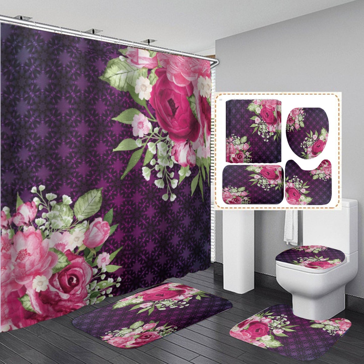 3D Flowers Print Shower Curtain Set Bath with Rugs-180×180cm Shower Curtain Only-D-Free Shipping at meselling99