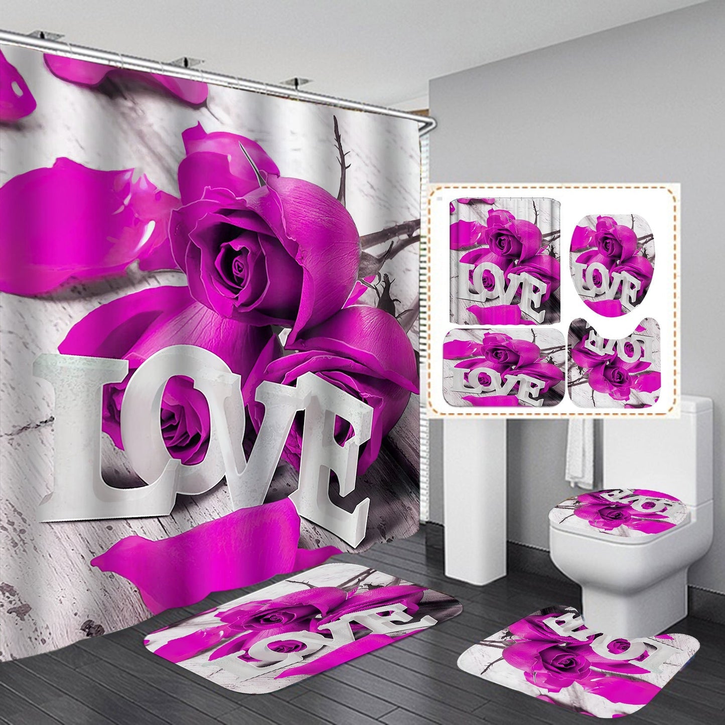 "Love" 3D Rose Design Shower Curtain Bathroom SetsNon-Slip Toilet Lid Cover-Shower Curtain-180×180cm Shower Curtain Only-3-Free Shipping at meselling99