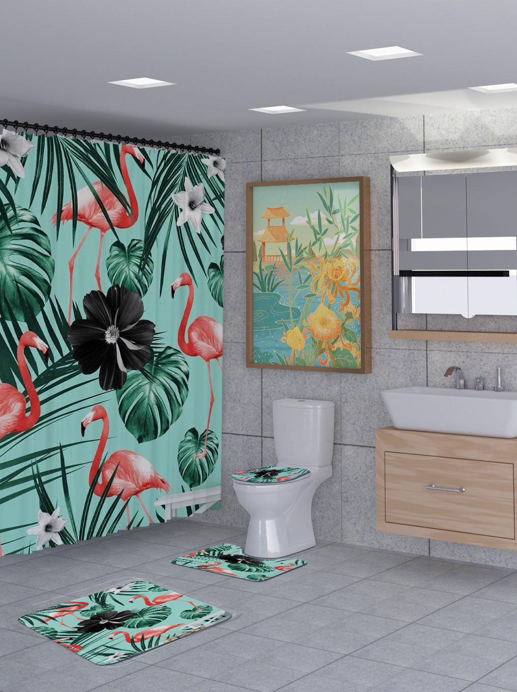 3D Flamingo Shower Curtain Set Bathroom Rug Bath Mat Non-Slip Toilet Lid Cover-Shower Curtains-C-Shower Curtain+3Pcs Mat-Free Shipping at meselling99