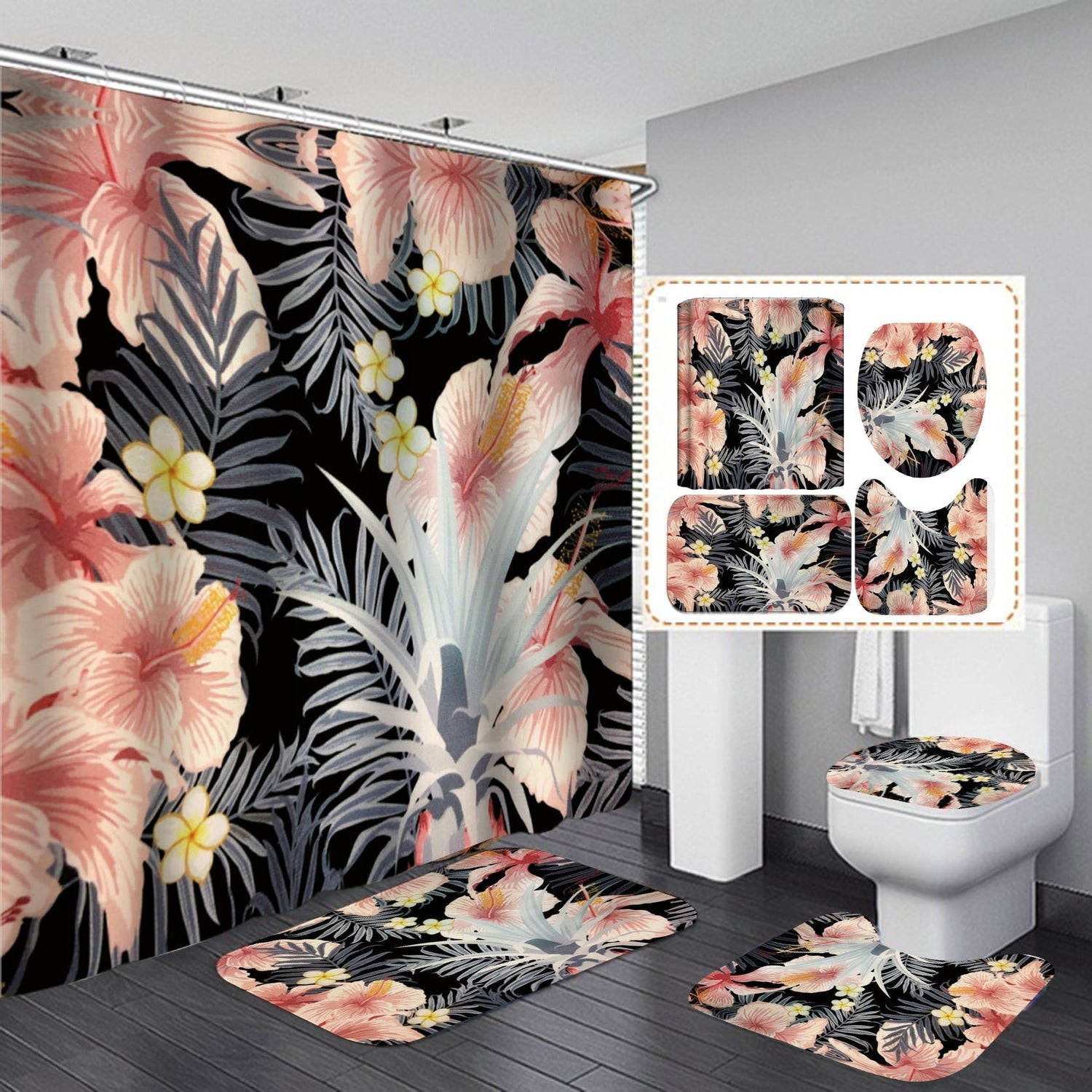 3D Flowers Print Shower Curtain Set Bath with Rugs-180×180cm Shower Curtain Only-C-Free Shipping at meselling99