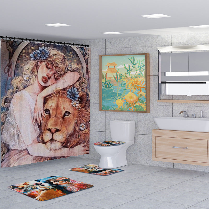3D Animal and Beauty Shower Curtain Set Bathroom Rug Bath Mat Non-Slip Toilet Lid Cover-Shower Curtains-D-Shower Curtain+3Pcs Mat-Free Shipping at meselling99