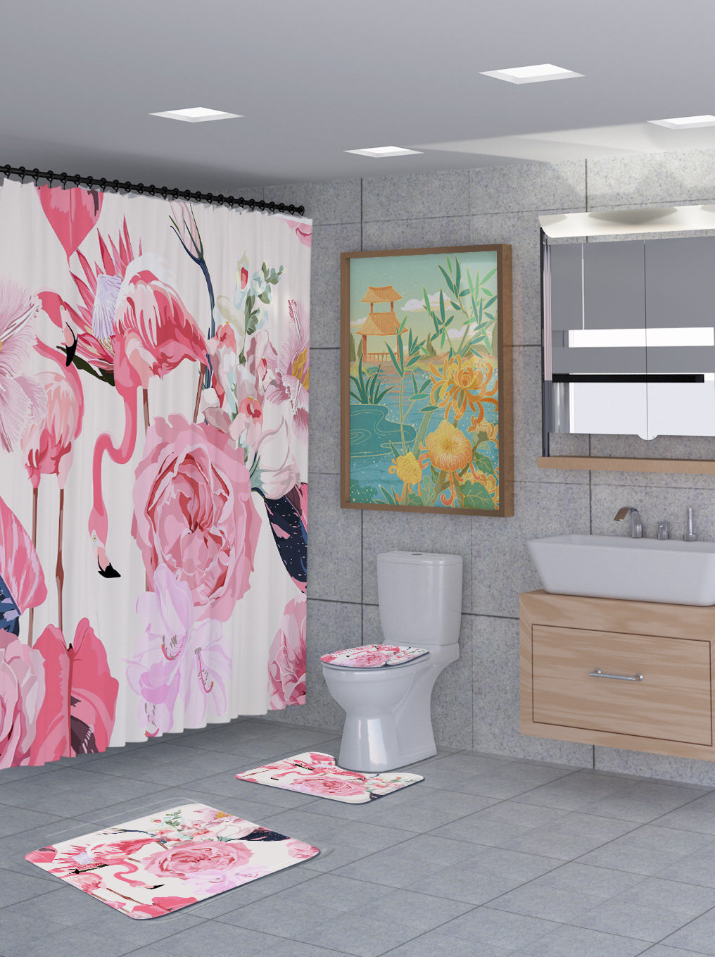 3D Flamingo Shower Curtain Set Bathroom Rug Bath Mat Non-Slip Toilet Lid Cover-Shower Curtains-D-Shower Curtain+3Pcs Mat-Free Shipping at meselling99
