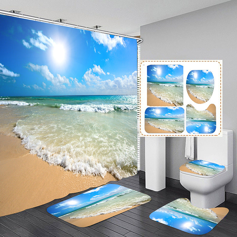 3D Green Landscape Shower Curtain Set Bathroom Rug Bath Mat Non-Slip Toilet Lid Cover-Shower Curtains-D-Shower Curtain+3Pcs Mat-Free Shipping at meselling99