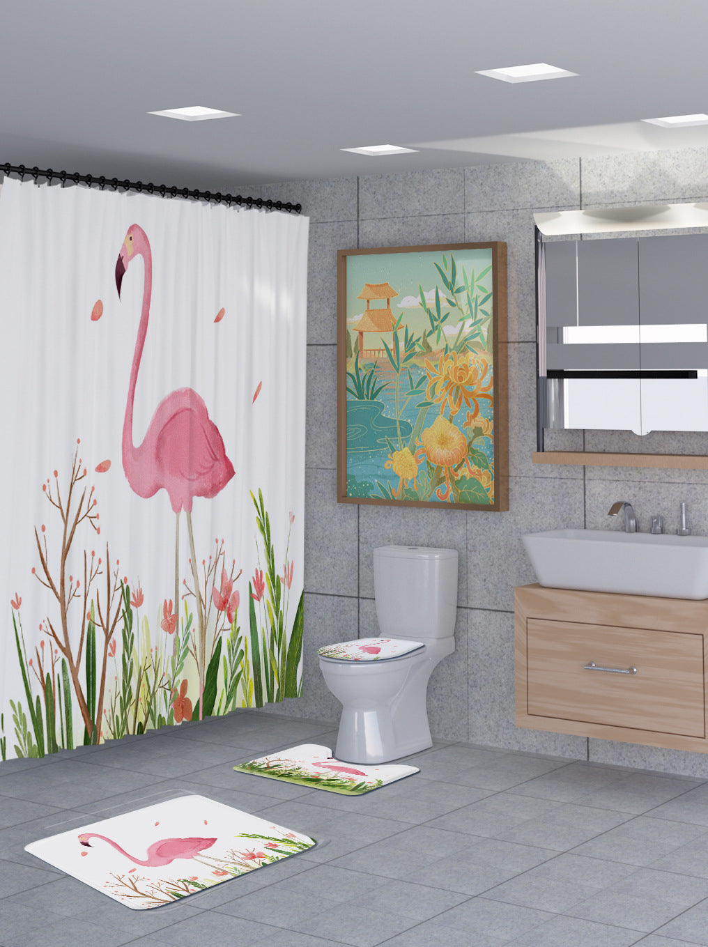 3D Flamingo Shower Curtain Set Bathroom Rug Bath Mat Non-Slip Toilet Lid Cover-Shower Curtains-E-Shower Curtain+3Pcs Mat-Free Shipping at meselling99