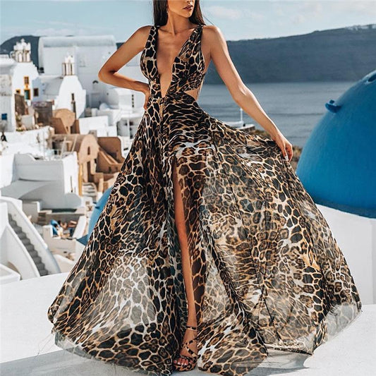 Split-Side Leopard Sleeveless Maxi Dresses-STYLEGOING