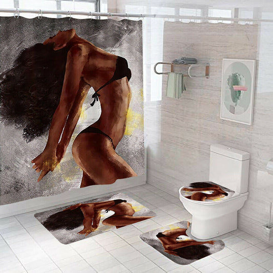 African Woman Shower Curtain Bathroom Rug Set Thick Bath Mat Toilet Lid Cover--Free Shipping at meselling99