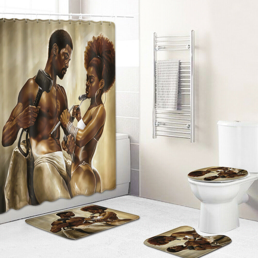 African Couple Shower Curtain Bathroom Rug Set Bath Mat Non-Slip Toilet Lid Cover-Shower Curtain+3Pcs Mat-Free Shipping at meselling99