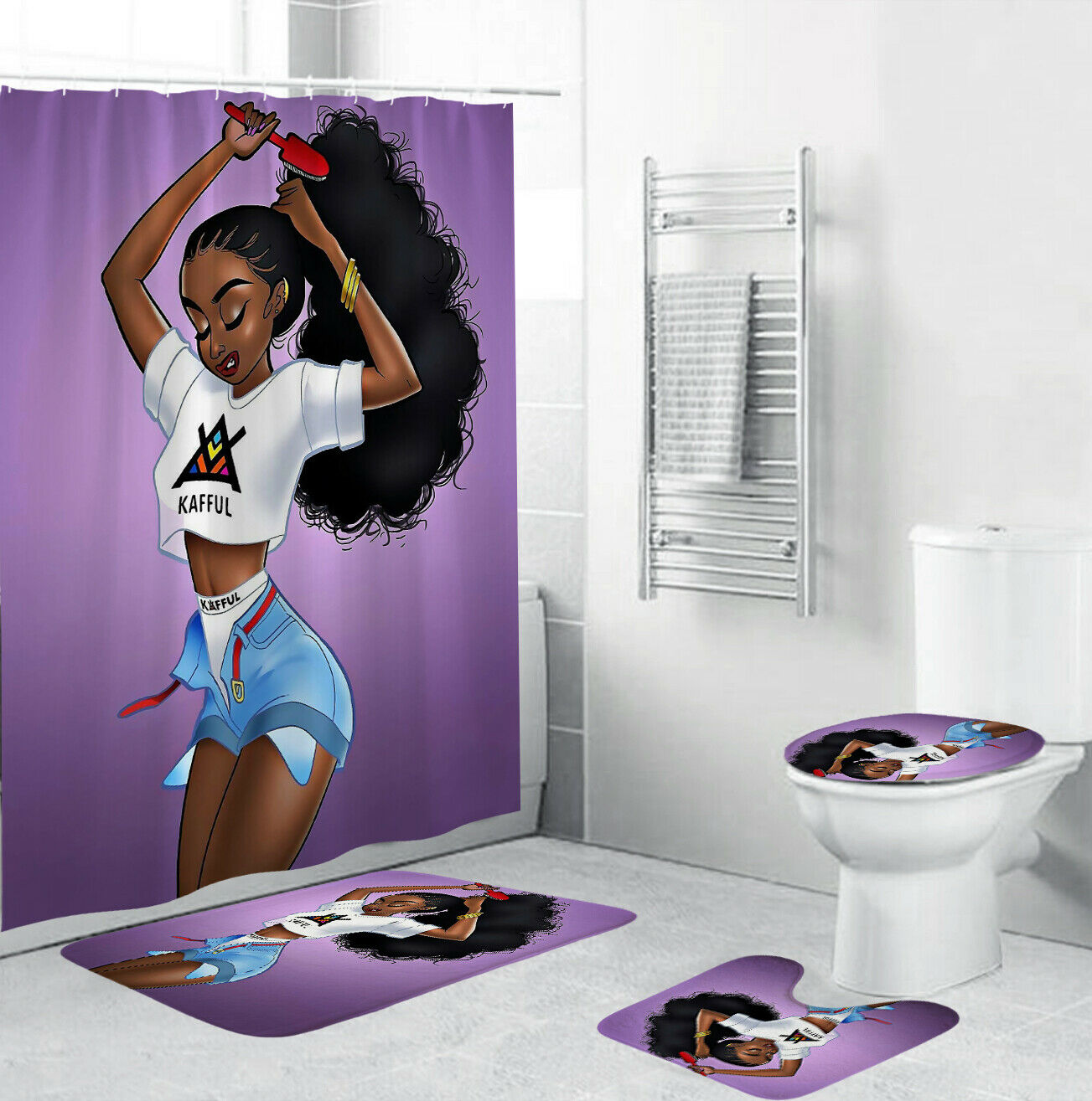 African Girl Bathroom Rug Set Shower Curtain Thick Bath Mat Toilet Lid Cover-4Pcs(180*180cm Curtain+3Pcs Mat)-Free Shipping at meselling99
