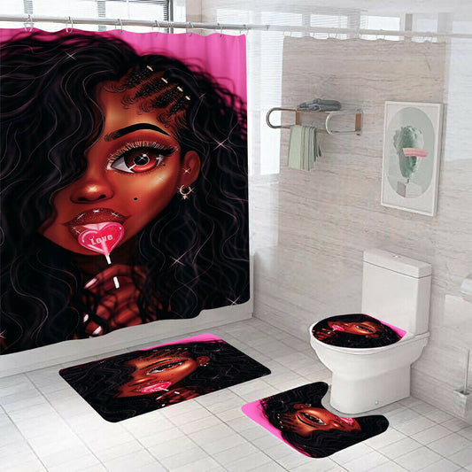 African Girl Shower Curtain Bathroom Rug Set Bath Mat Non-Slip Toilet Lid Cover--Free Shipping at meselling99