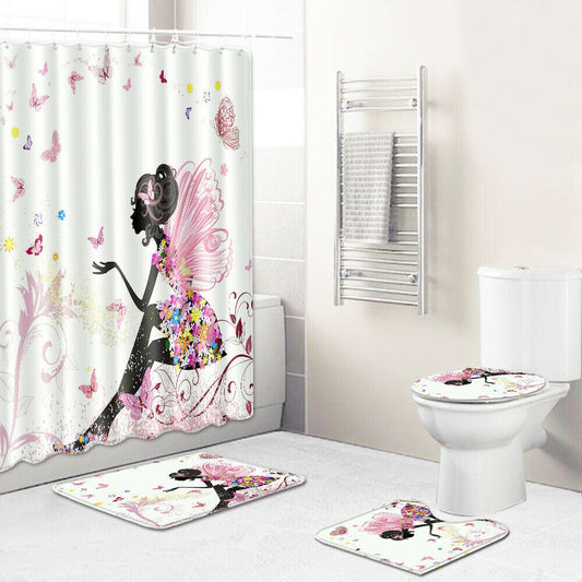 4Pcs Fairy Bathroom Rug Set Shower Curtain Bath Mat Non-Slip Toilet Lid Cover--Free Shipping at meselling99