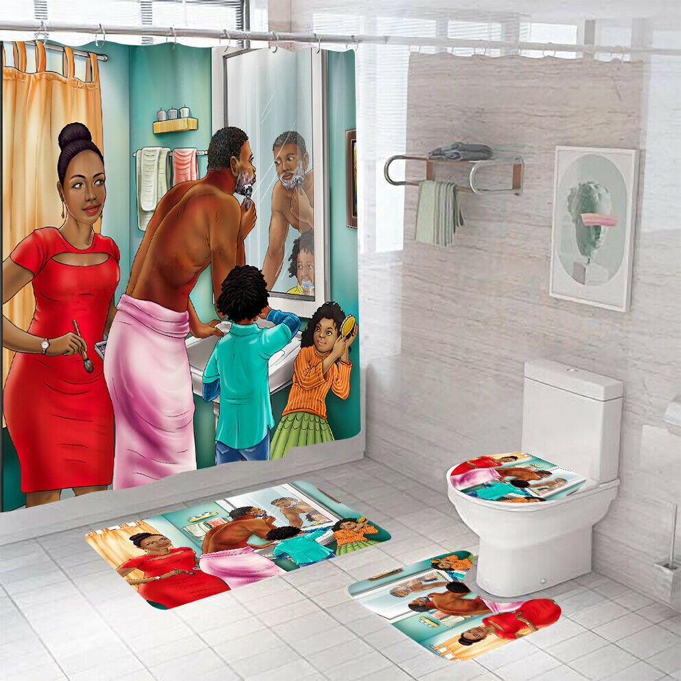 African Family Shower Curtain Bathroom Rug Set Thick Bath Mat Toilet Lid Cover-Shower Curtain+3Pcs Mat-Free Shipping at meselling99