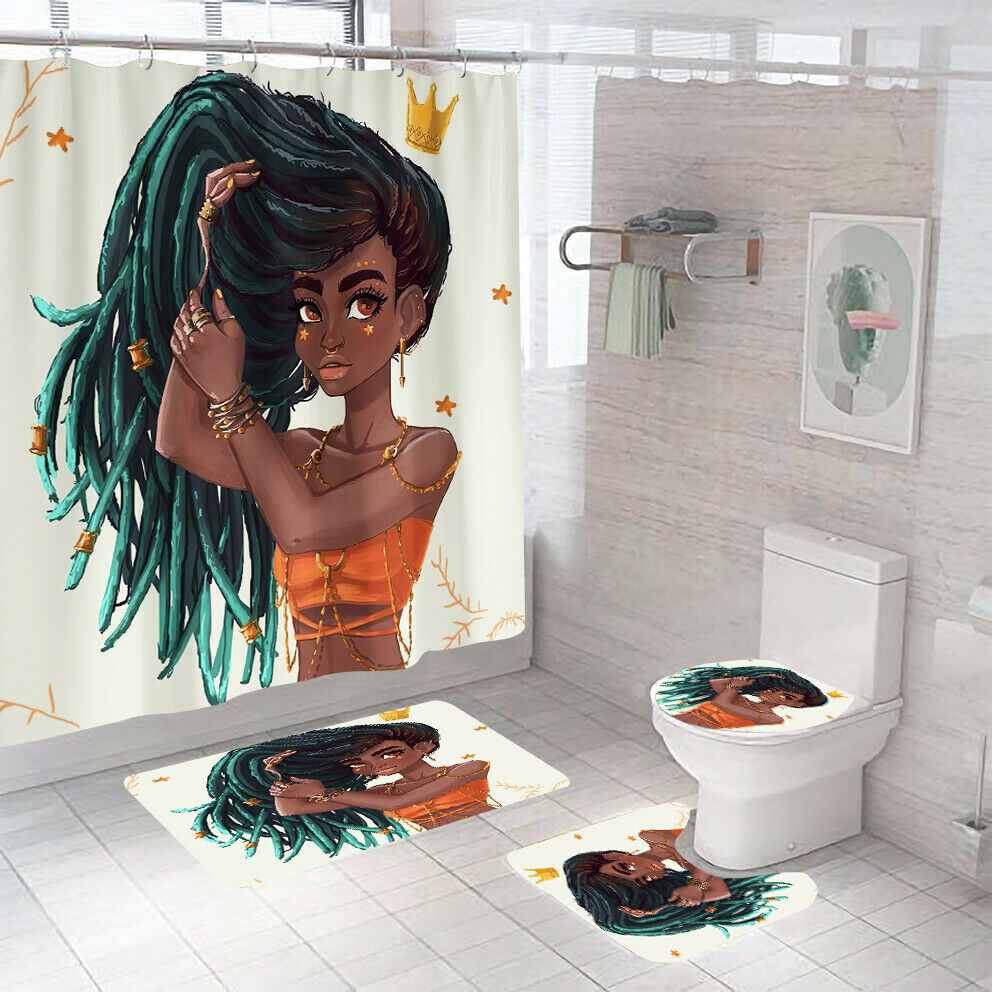 African Girl Bathroom Rug Set Shower Curtain Bath Mat Non-Slip Toilet Lid Cover-Shower Curtain+3Pcs Mat-Free Shipping at meselling99