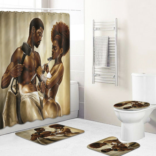 African Couple Shower Curtain Bathroom Rug Set Bath Mat Non-Slip Toilet Lid Cover--Free Shipping at meselling99