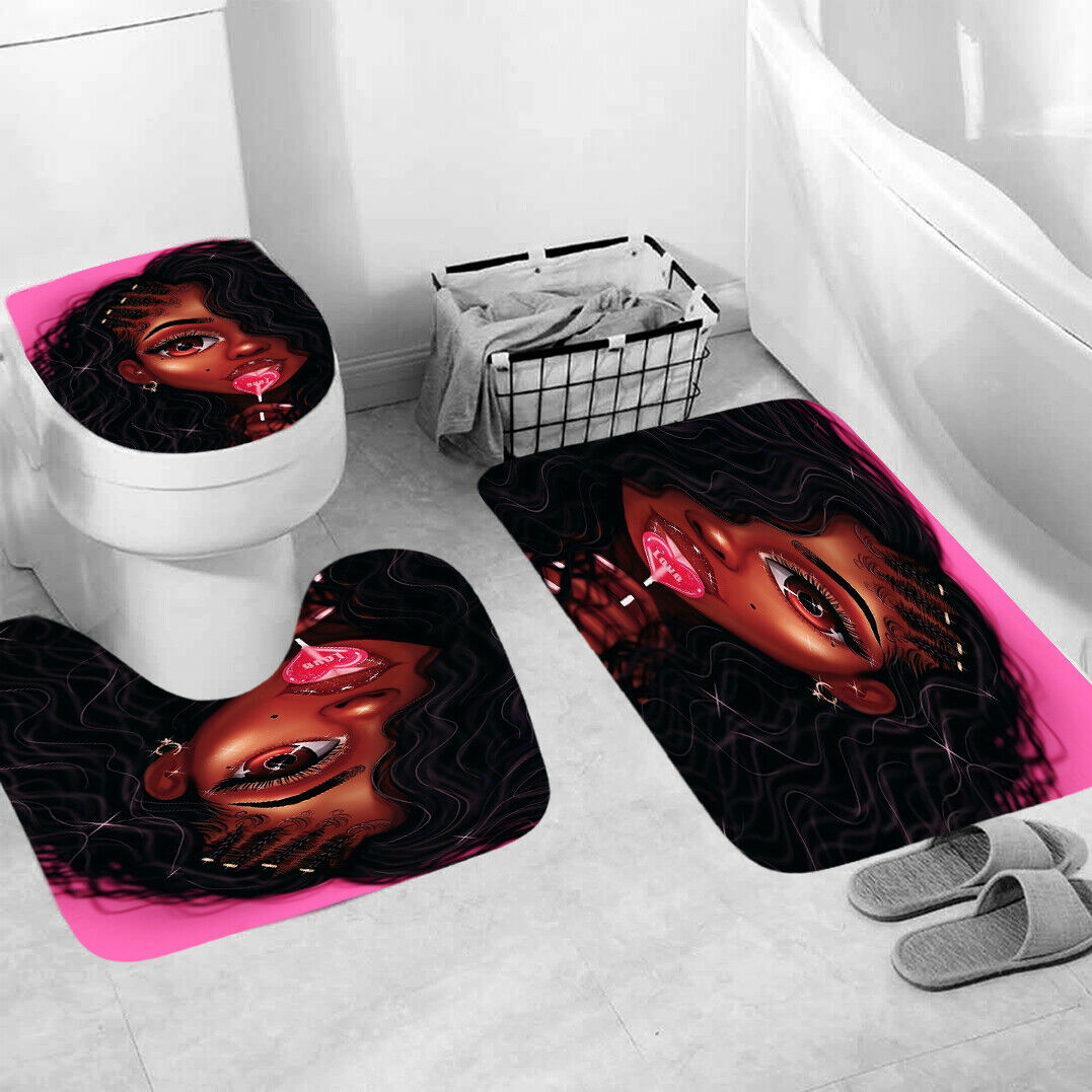 African Girl Shower Curtain Bathroom Rug Set Bath Mat Non-Slip Toilet Lid Cover-3Pcs Mat Set Only-Free Shipping at meselling99