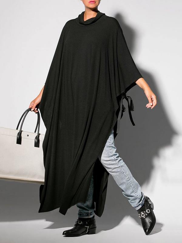 Black&Gray Lace-Up Split-Side Cape Outwear-Cozy Dresses-JEWELRYSHEOWN