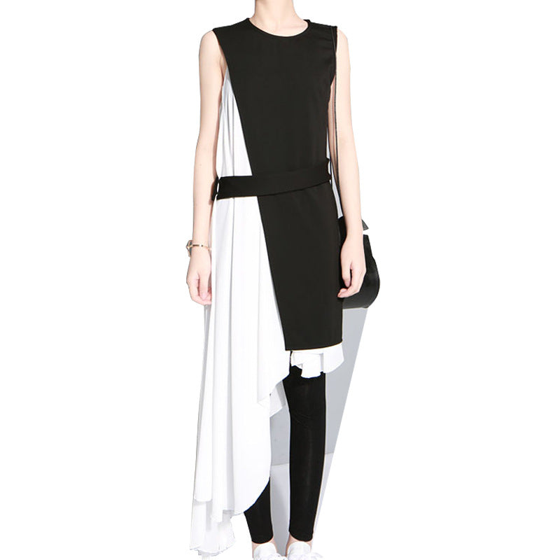 Black Whiter Irrgular White Dress and Black Vest Set for Women