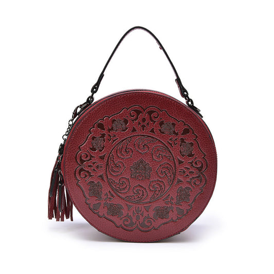 Vintage Toem Embossing Round Shape Leather Tote Bags 9785-Leather Bags for Women-Wine Red-Free Shipping Leatheretro