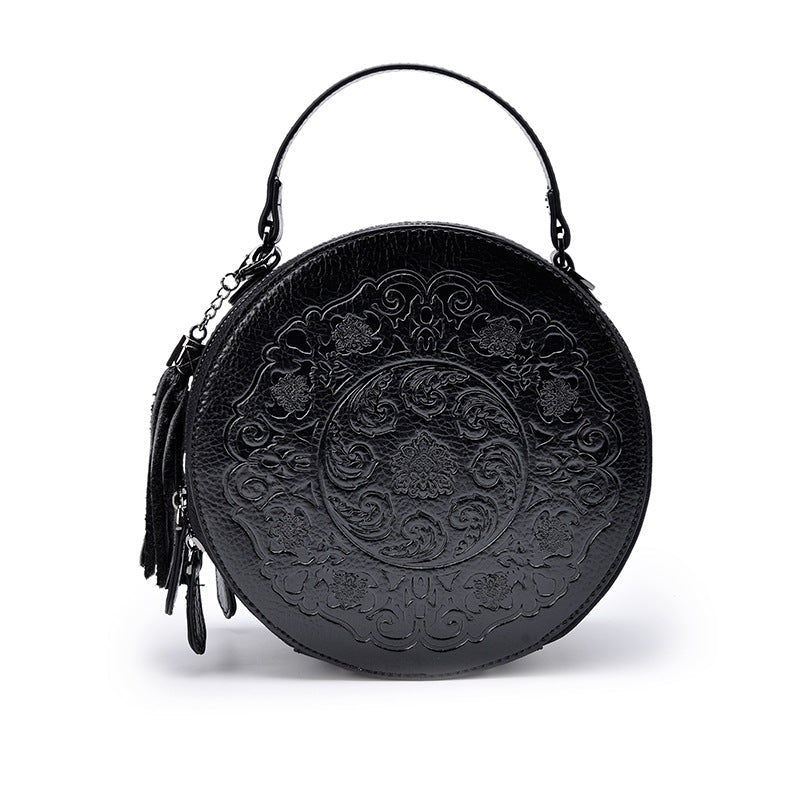Vintage Toem Embossing Round Shape Leather Tote Bags 9785-Leather Bags for Women-Black-Free Shipping Leatheretro