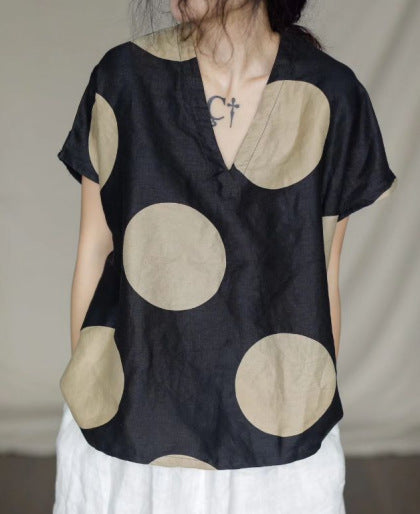 Vintage Linen Dot Print Short Sleeves Blouses for Women-Shirts & Tops-JEWELRYSHEOWN