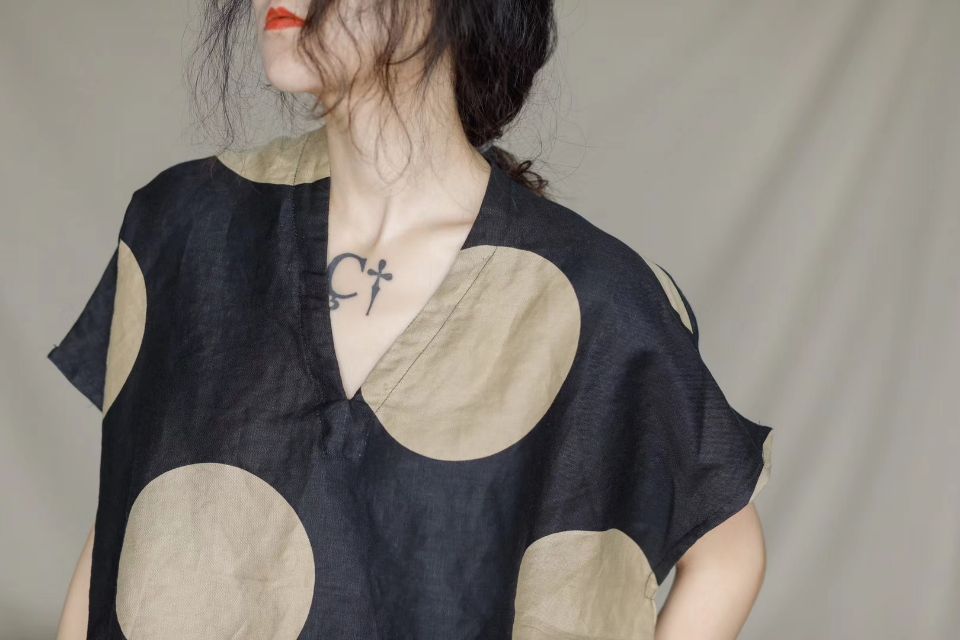 Vintage Linen Dot Print Short Sleeves Blouses for Women-Shirts & Tops-JEWELRYSHEOWN