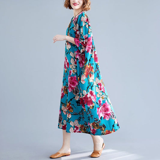 Ethnic Floral Print Plus Sizes Linen Dresses-Dresses-JEWELRYSHEOWN