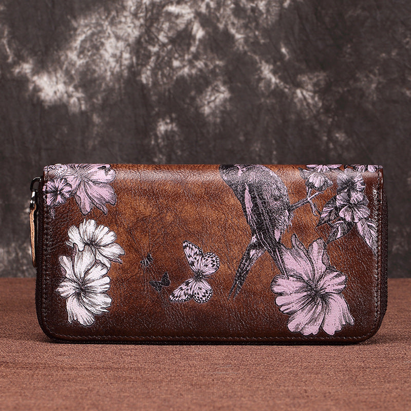 Vintage Handmade Cowhide Leather Zipper Long Wallet for Women 6615-Coffee-Free Shipping Leatheretro