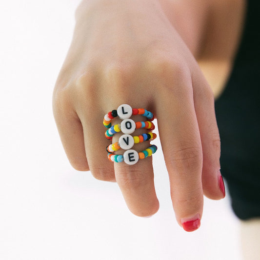 Ethnic Colorful Letter LOVE Beads Design Rings Set-Rings-JEWELRYSHEOWN
