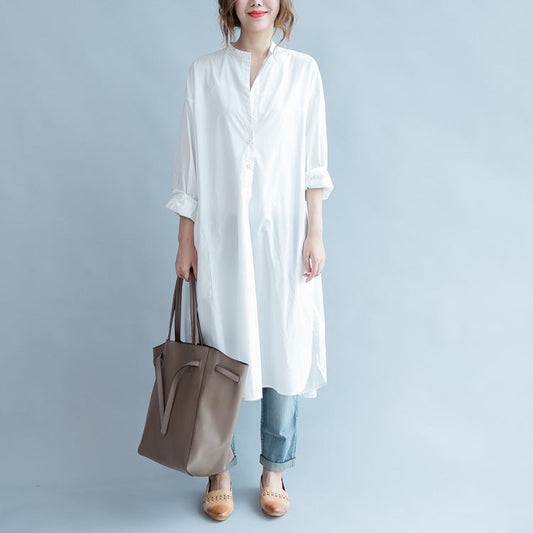 White Splir Round Neck Long Shirt Dresses-Dresses-JEWELRYSHEOWN