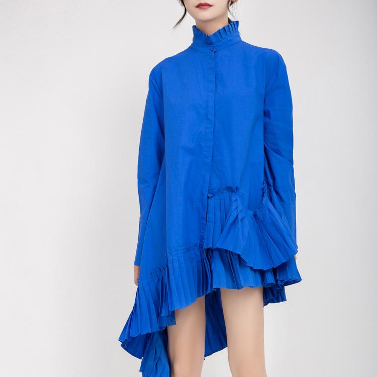 Blue Women Stand Collar Vintage Fall Shirt Dresses