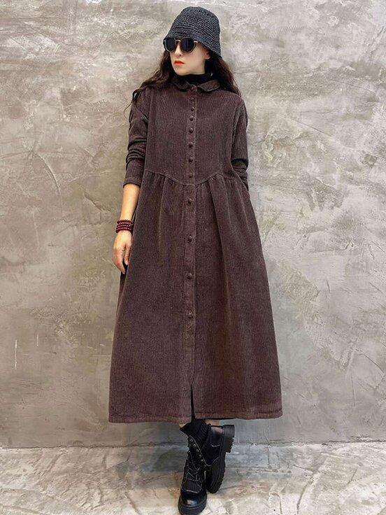 Vintage Solid Corduroy Lapel Dress-Maxi Dress-JEWELRYSHEOWN