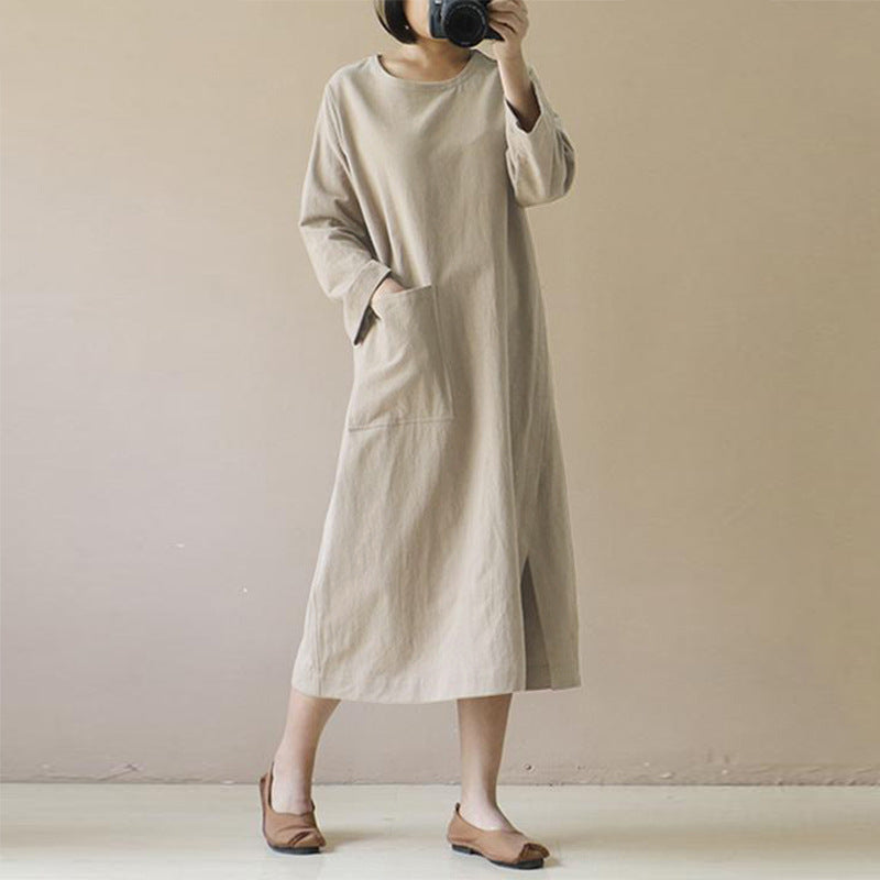 Vintage Linen Ling Sleeves Women Midi Dresses
