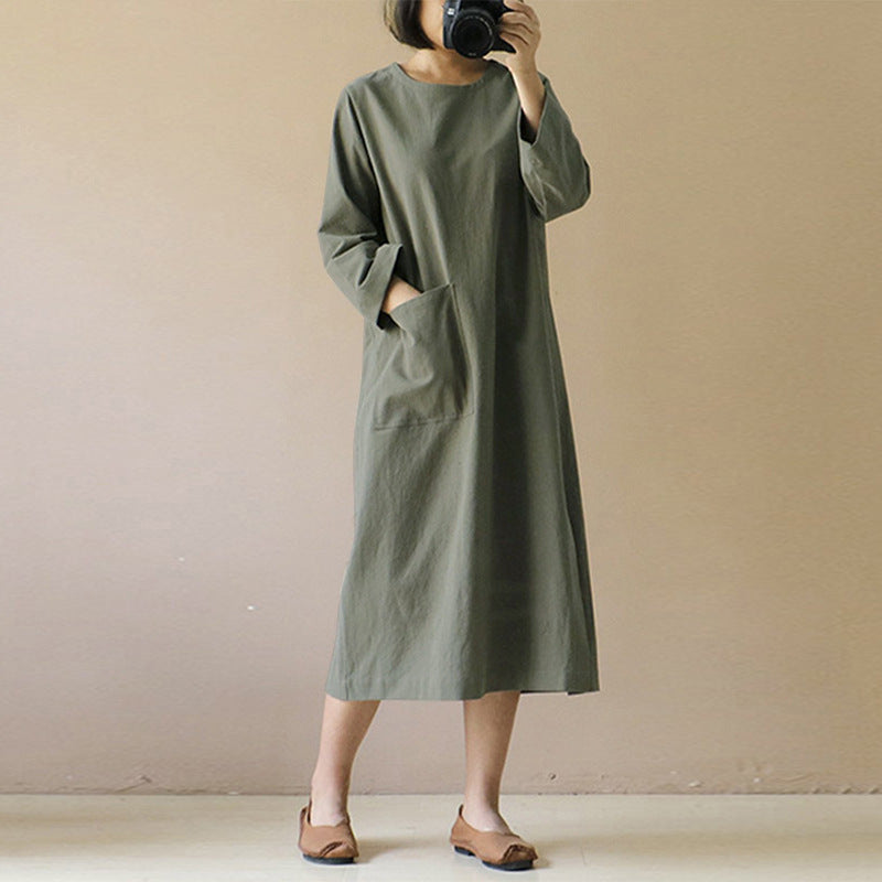 Vintage Linen Ling Sleeves Women Midi Dresses