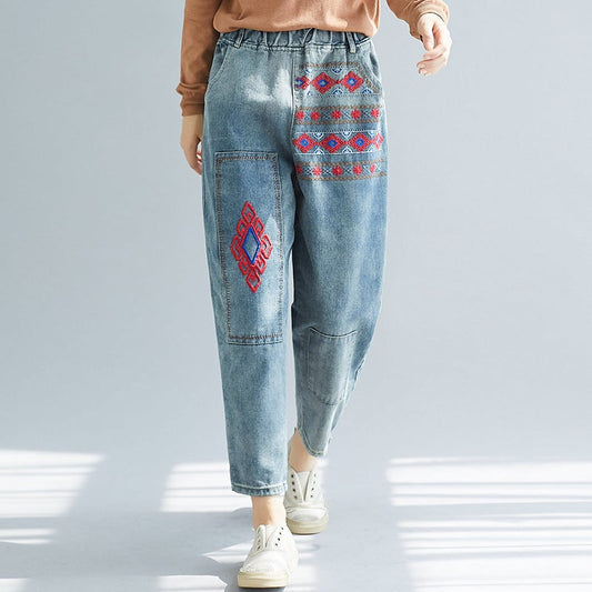 Women Embroidery Elastic Waist Haren Jean Pants-Pants-JEWELRYSHEOWN