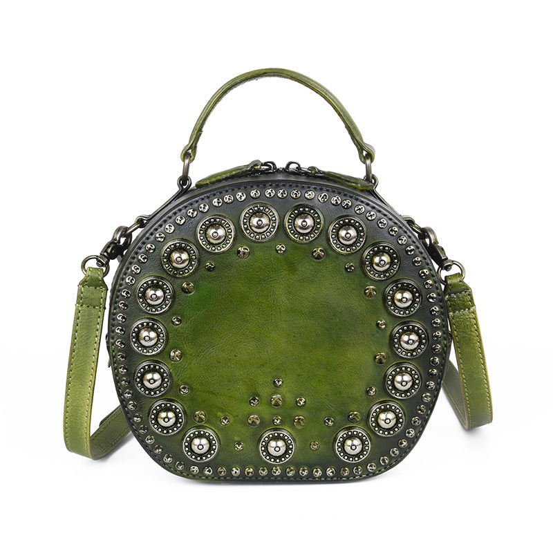 Vintage Handmade Rivet Cute Round Shape Leather Bags 8093-Leather Bags for Women-Green-Free Shipping Leatheretro
