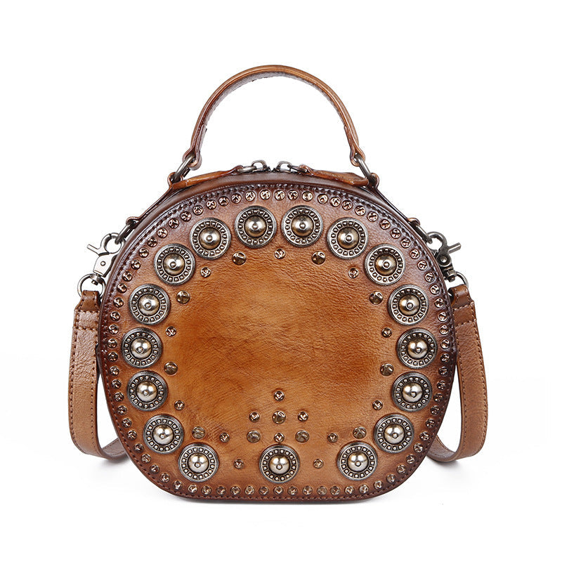 Vintage Handmade Rivet Cute Round Shape Leather Bags 8093-Leather Bags for Women-Brown-Free Shipping Leatheretro