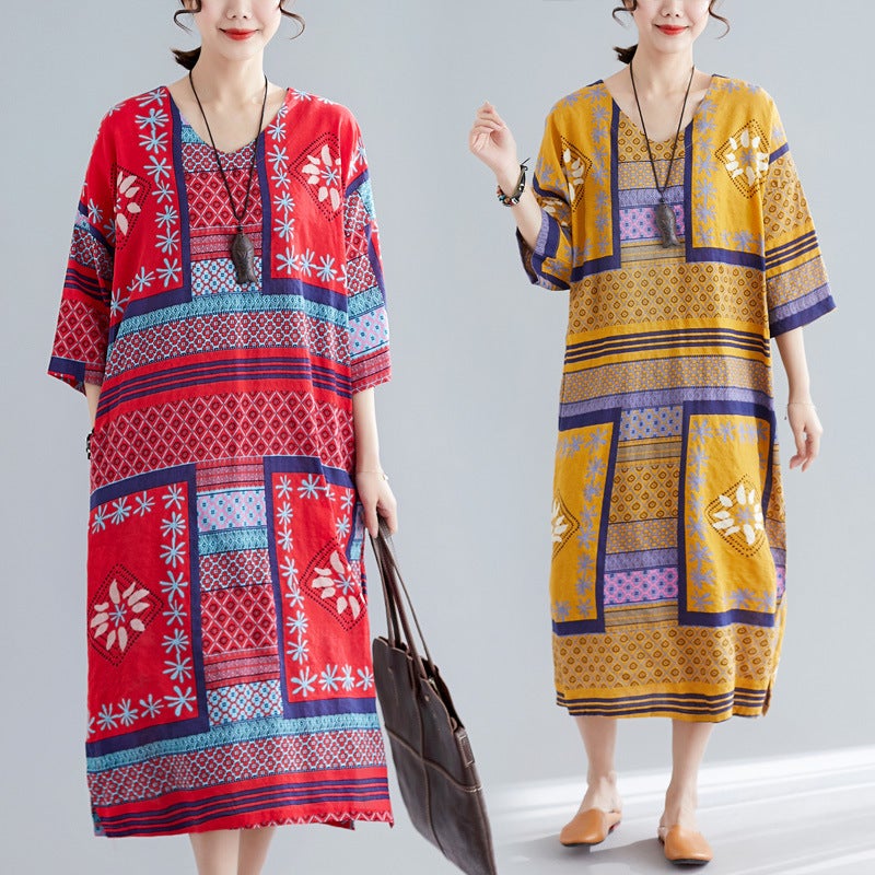 Ethnic Summer Linen Plus Sizes Dresses-Dresses-JEWELRYSHEOWN