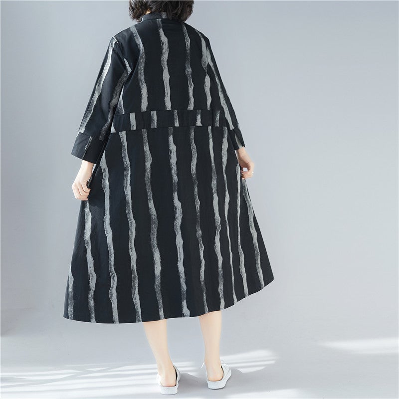 Black Linen Plus Sizes Shirt Midi Dresses-Dresses-JEWELRYSHEOWN