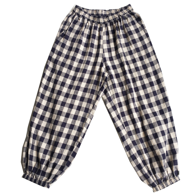 Summer Vintage Linen Plaid Elastic Waist Pants-Pants-JEWELRYSHEOWN