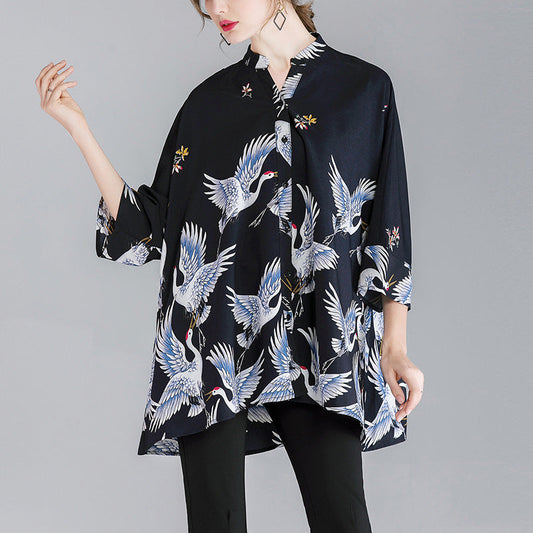 Summer Red-crowned Crane Designed Plus Sizes Women Shirts