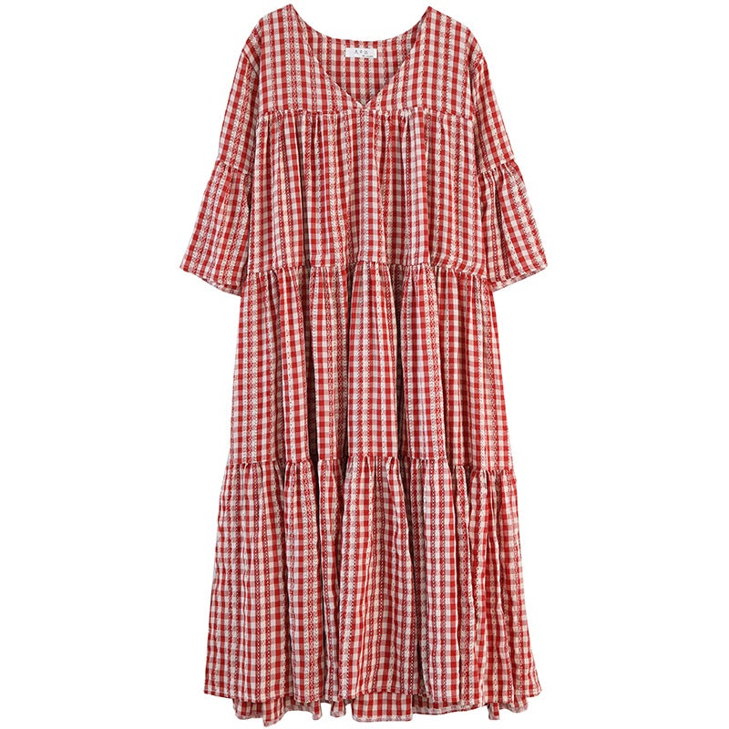 Red Plaid Plus Sizes Summer Midi Dresses-Dresses-JEWELRYSHEOWN
