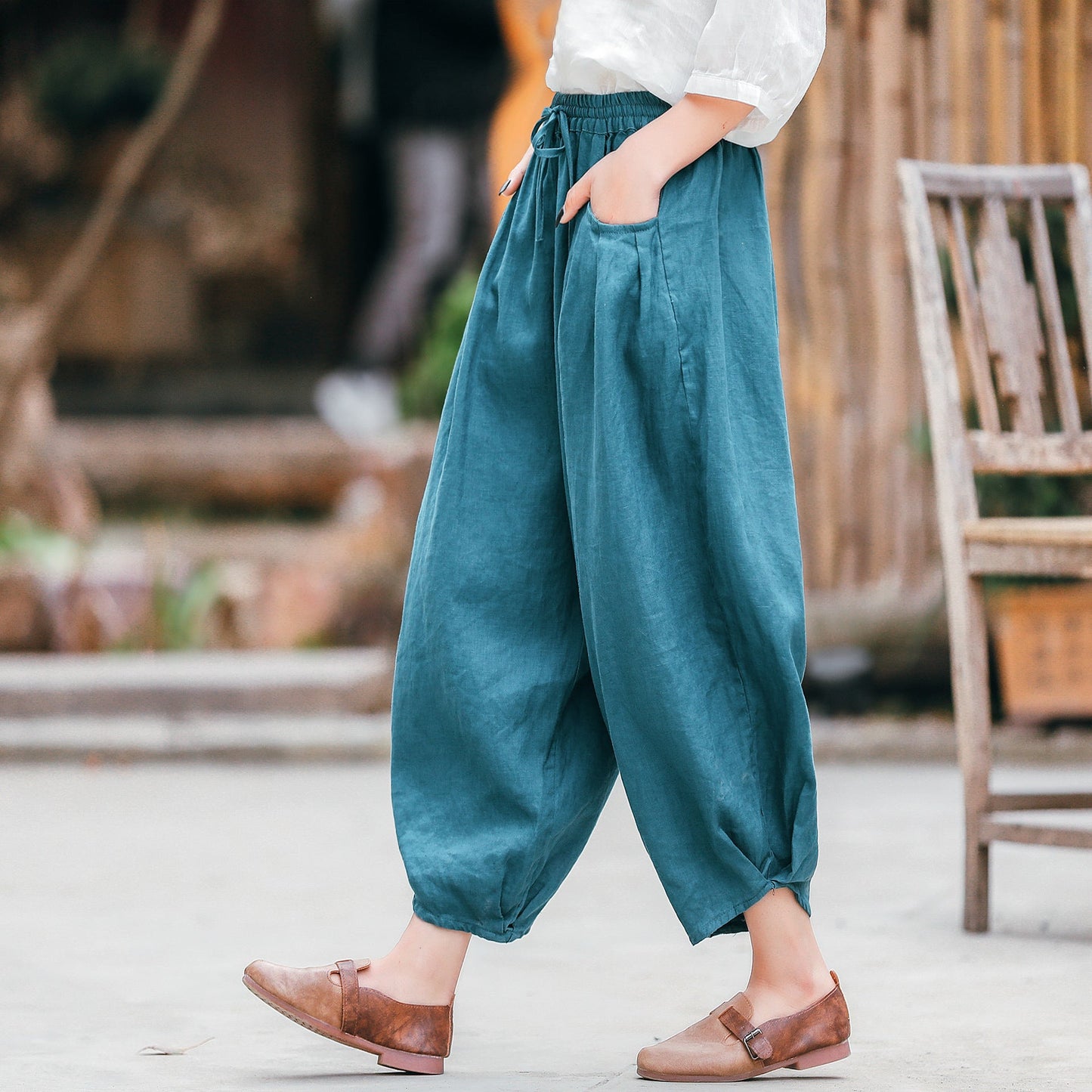 Ethnic Linen Elastic Waist Casual Pants for Women-Pants-JEWELRYSHEOWN