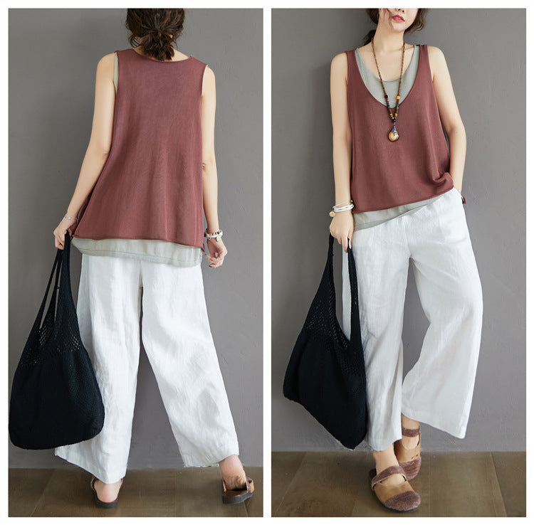 Casual Summer Fake Two Pieces Linen Women Vest Tops