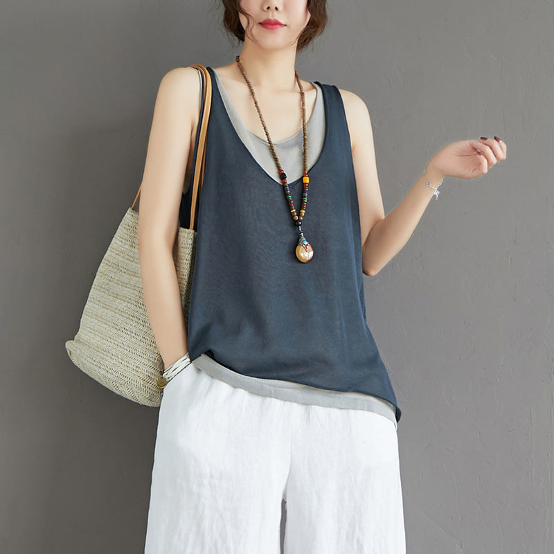 Casual Summer Fake Two Pieces Linen Women Vest Tops