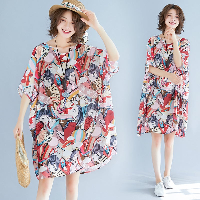 Summer 3D Face Print Chiffon Plus Sizes Short Dresses-Dresses-JEWELRYSHEOWN