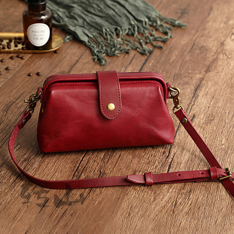 Women Cowhide Leather Small Handbag 1022-Leather Bags for Women-Wine Red-Free Shipping Leatheretro