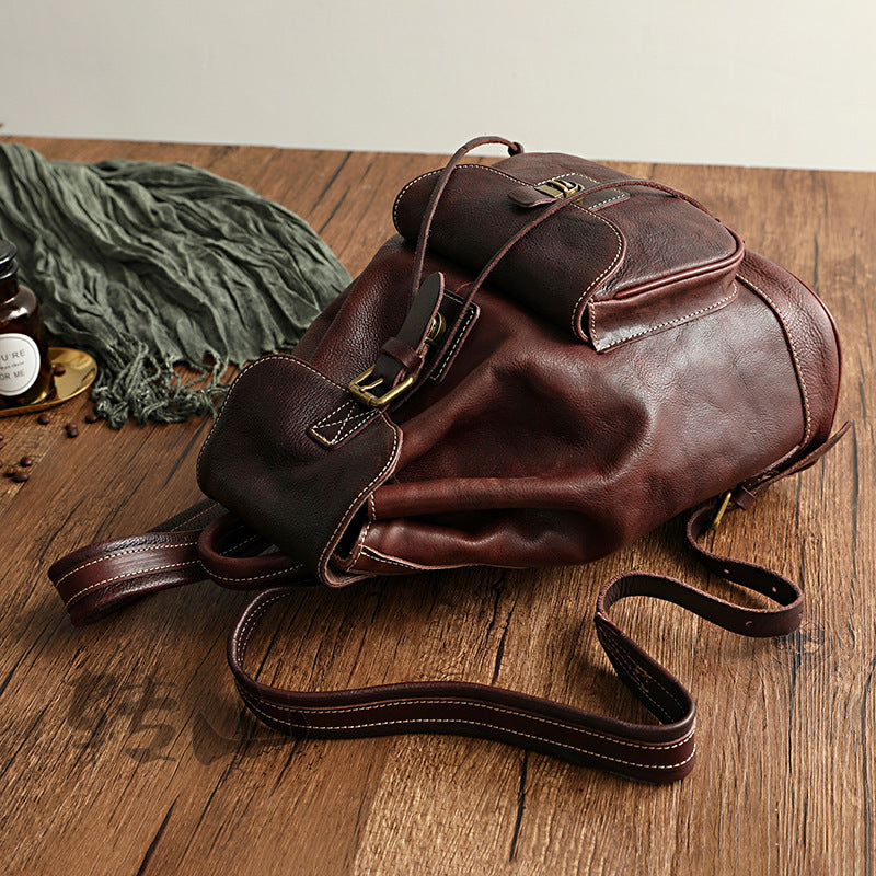 Handmade Veg Tanned Leather Backpack For Women 4301-Leather Backpack-Black-Free Shipping Leatheretro